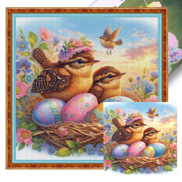 Hilo de bordar de algodón ecológico completo, Kit de punto de cruz con estampado de huevo de pájaro, 18CT, 40x40cm