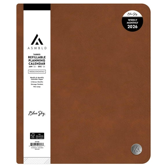 Blue Sky ASMBLD 2026 Weekly and Monthly Planner Calendar, January 2026 - December 2026, 8.5" x 11", Faux Leather Cover, Wirebound, Storage Pocket, Laminated Tabs, Refillable, Pen Loop, Tan