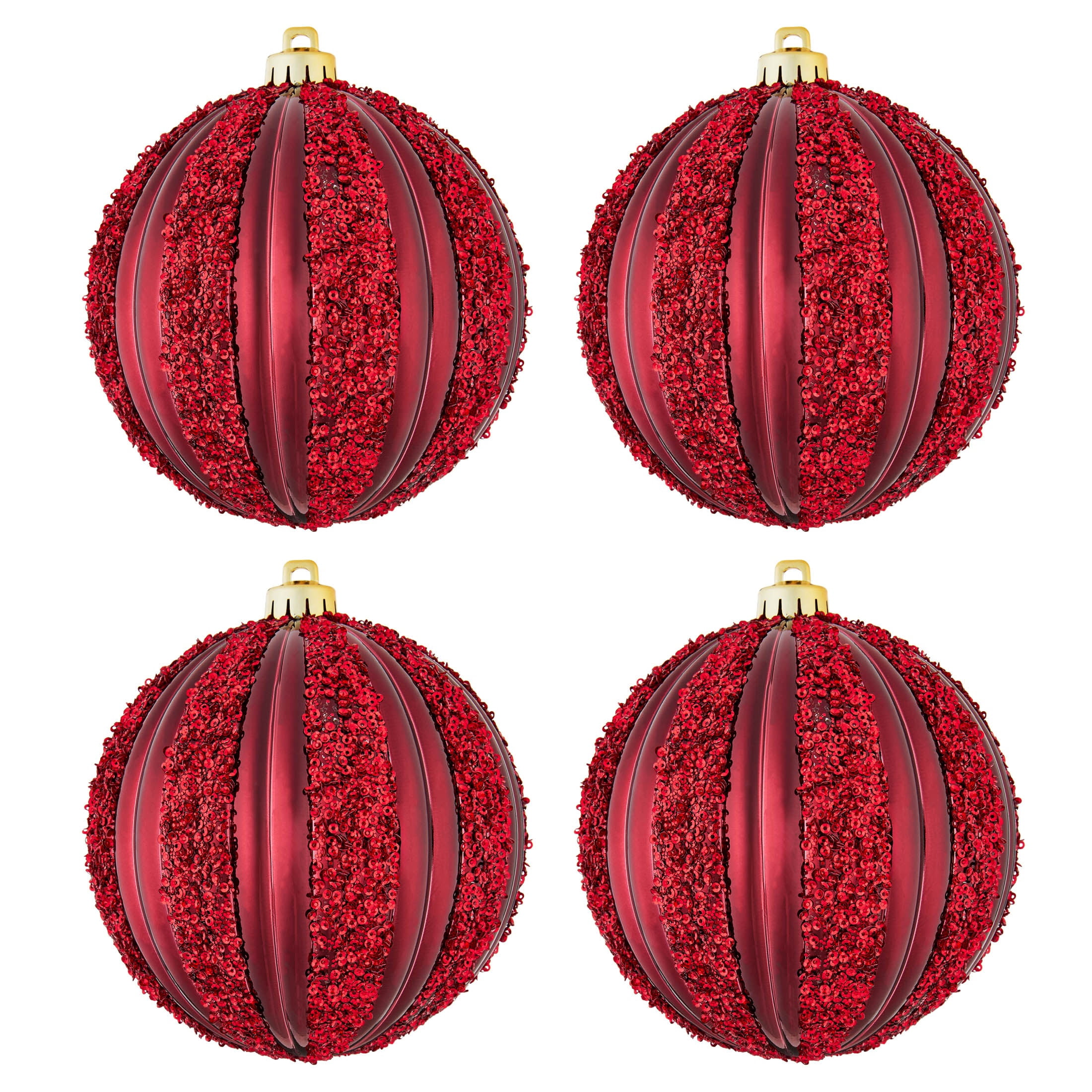 4-Count Dark Red Glitter Ribbed Shatterproof Christmas Ornaments, 7", by Holiday Time