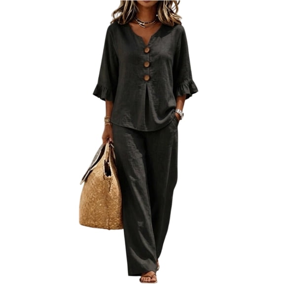 ZCNKMX Shirts for Women V Neck Button Front Ruffle 3/4 Sleeve Blouse & Pants Two Piece Set, Solid Loose Casual Office Outfit Tops Black XXL