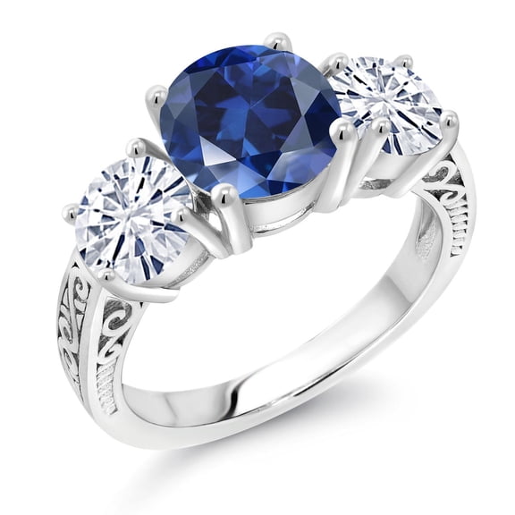 Gem Stone King 925 Sterling Silver Blue Created Sapphire and White Moissanite Engagement Ring for Women | 4.10 Cttw | Round 8MM | Gemstone September Birthstone | Size 5