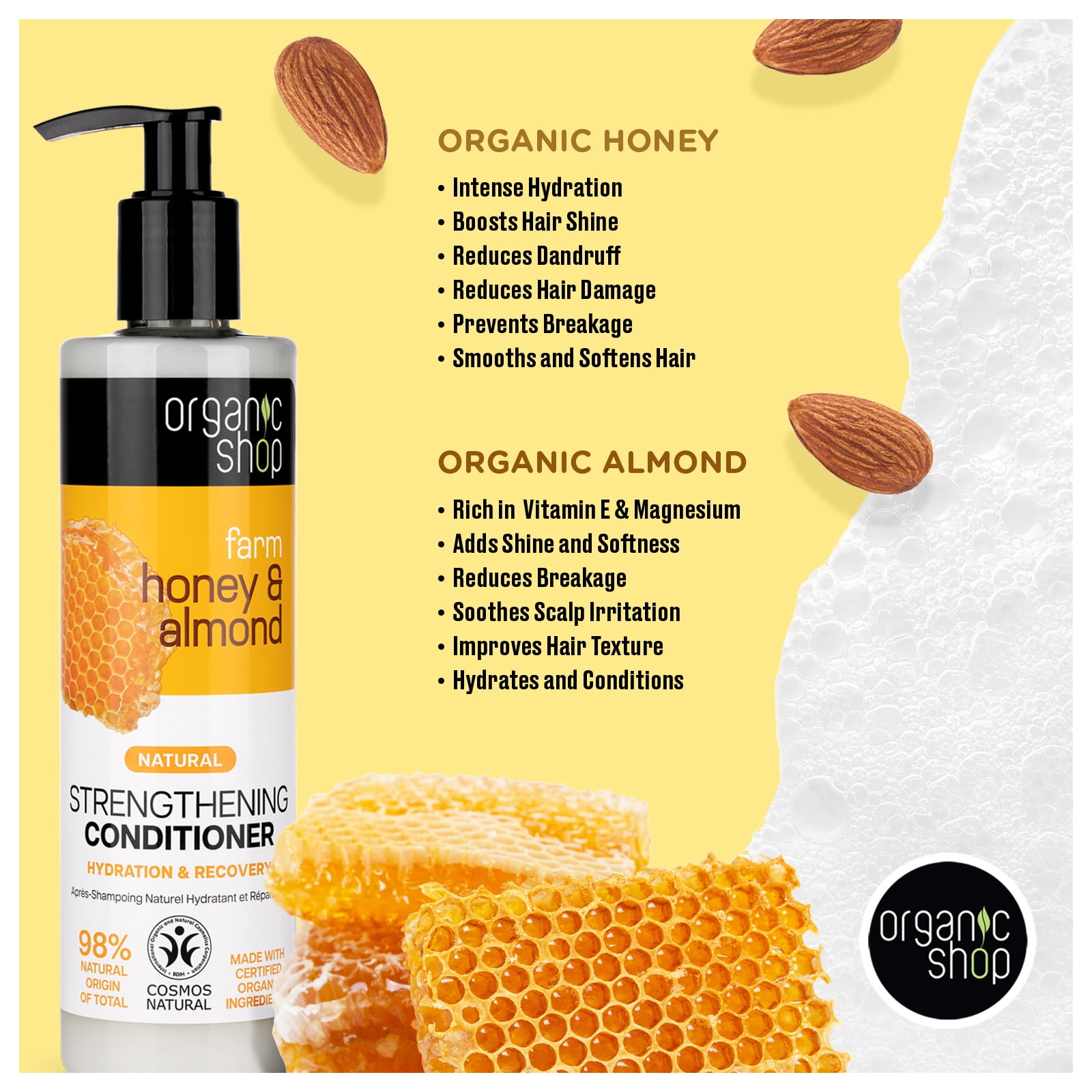 Organic Shop Raw Honey & Almond – High Strengthening Shampoo + Conditioner Deep Repairing - 100% Vegan & Organic, Rich In Vitamins & Minerals, Silky Hydration & Nourishing. 9.5 Fl Oz