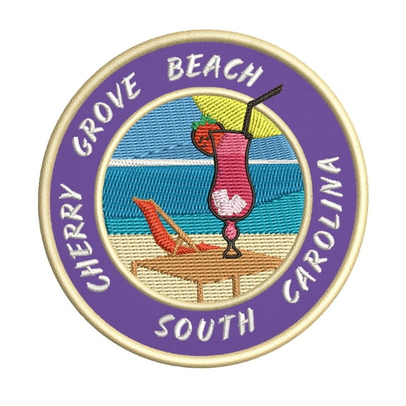 Happy Hour! At Cherry Grove Beach, Florida USA 3.5 Inch Iron Or Sew On Embroidered Fabric Badge Patch Ocean Beach, Salt Life Iconic Series