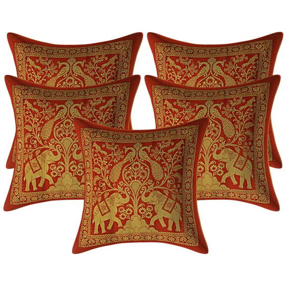Stylo Culture Indian Christmas Sofa Brocade Red And Gold Decorative Throw Pillow Covers 12x12 Jacquard Weave Banarasi Christmas Throw Pillow Covers Elephant Peacock 30x30 cm Cushion Covers (Set Of 5)