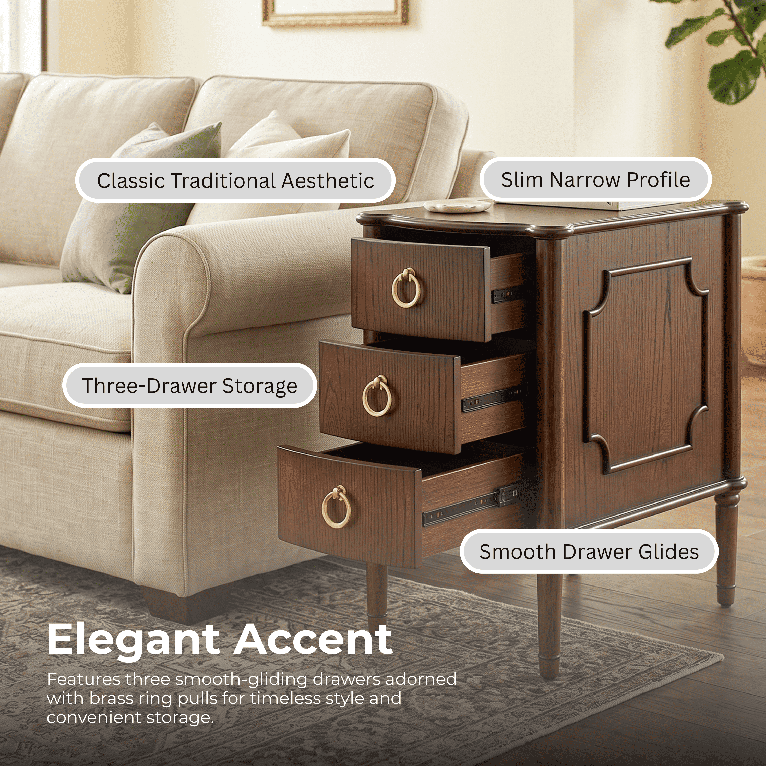 Furniture of America Ivera Modern Wood 3-Drawer Nightstand with Tapered Legs, Oak