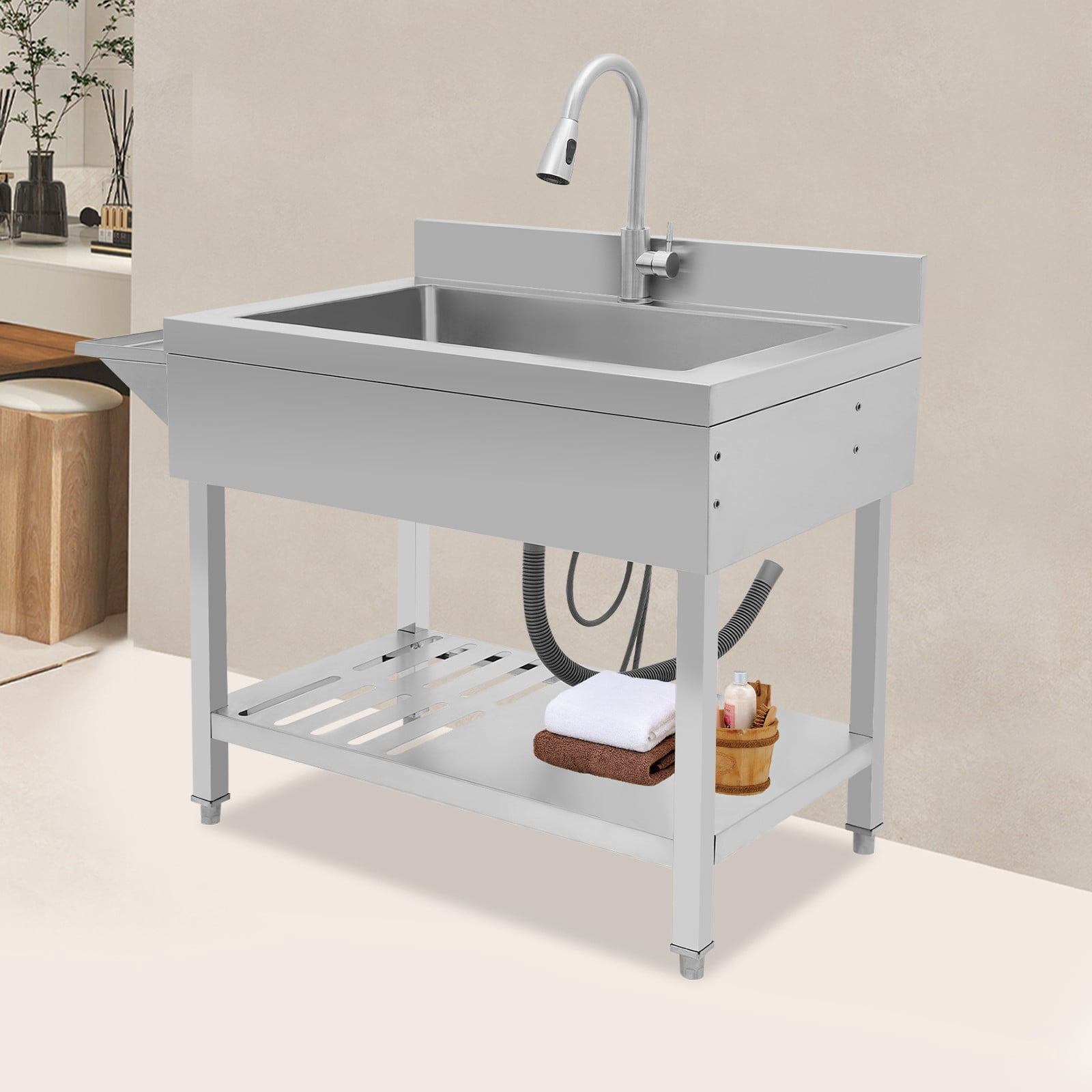Silver Stainless Steel Single Bowl Sink, 35.4" x 22.4" x 37" Commercial Kitchen Sink Freestanding Prep & Utility Sink with Cold and Hot Water Faucet for Kitchens, Bathrooms, Garage, Laundry Room