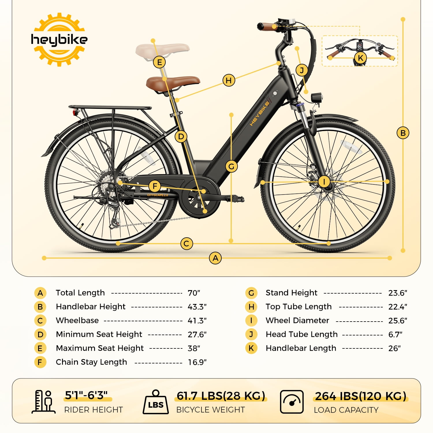 Heybike Electric Bike for Adults, 500W City Cruiser Ebike with 36V 13AH Built-in Battery, 26" Step-thru Electric Commuter Bike for Woman, Front Suspension, 7-Speed Bicycles UL2849