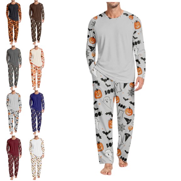 Halloween Themed Two Piece Pajama Set Men Ghost Printed Casual Loose Fit Long Sleeve Crew Neck Tshirts and Long Pants Stylish Comfort Clothing Light Gray M