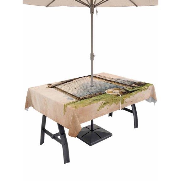 Outdoor Tablecloth with Umbrella Hole for Patio/Picnic/Party/Camping, Brown Soccer Field Waterproof Table Cloth Rectangle Table Cover Washable, Vintage Wooden Goal Post Football (54"x 80")