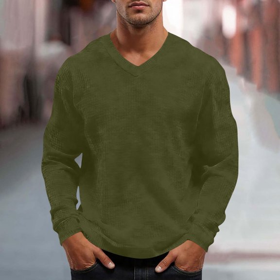 UQJfacai Mens Waffle Shirts V Neck Long Sleeve Shirt Loose Fit Casual T-Shirt Stretch Athletic Workout Gym Pullover Tops XXXXL