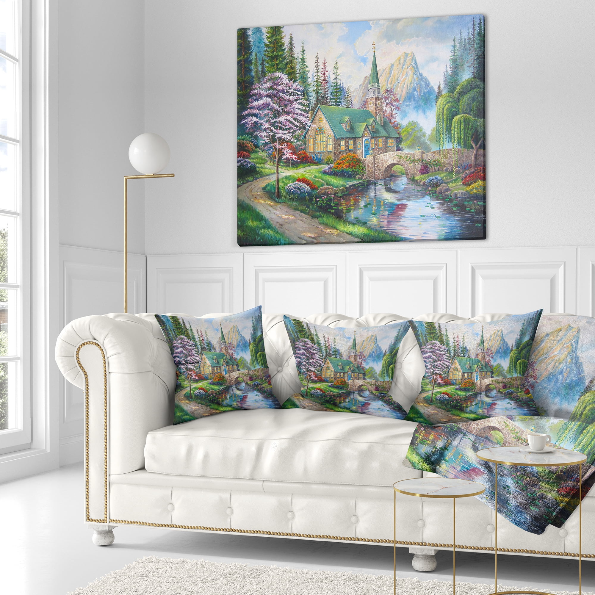 Designart Church in Forest Oil Painting - Landscape Painting Throw Pillow - 16x16