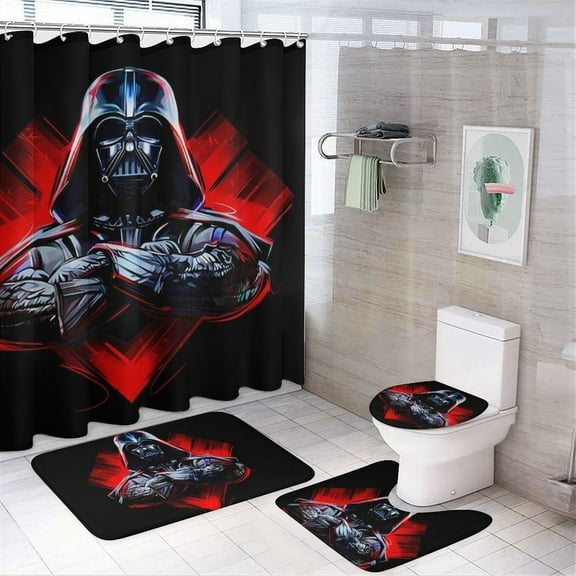 4 Pcs Shower Curtain Set Darth Vader Shower Curtain with 12 Hooks, Non-Slip Rugs,Toilet Lid Cover And Bath Mat for Bathroom Decor