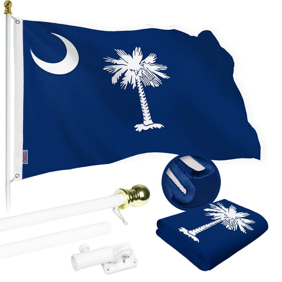 G128 Combo Pack: 5 Ft Tangle Free Spinning Flagpole (White) & South Carolina Flag 2.5x4 Ft Embroidered 220GSM Spun Polyester, Brass Grommets (Flag Included) Aluminum Flag Pole