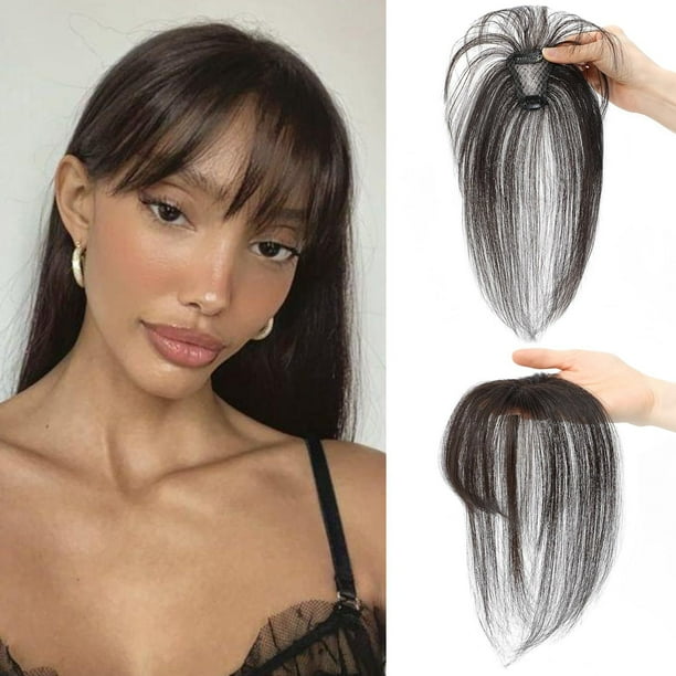 Nvzi Flequillo postizo con clip para mujer, 100% cabello humano, flequillo ligero, flequillo con patillas, postizos para mujer, flequillo curvo para uso diario y fiestas, negro y marrón.