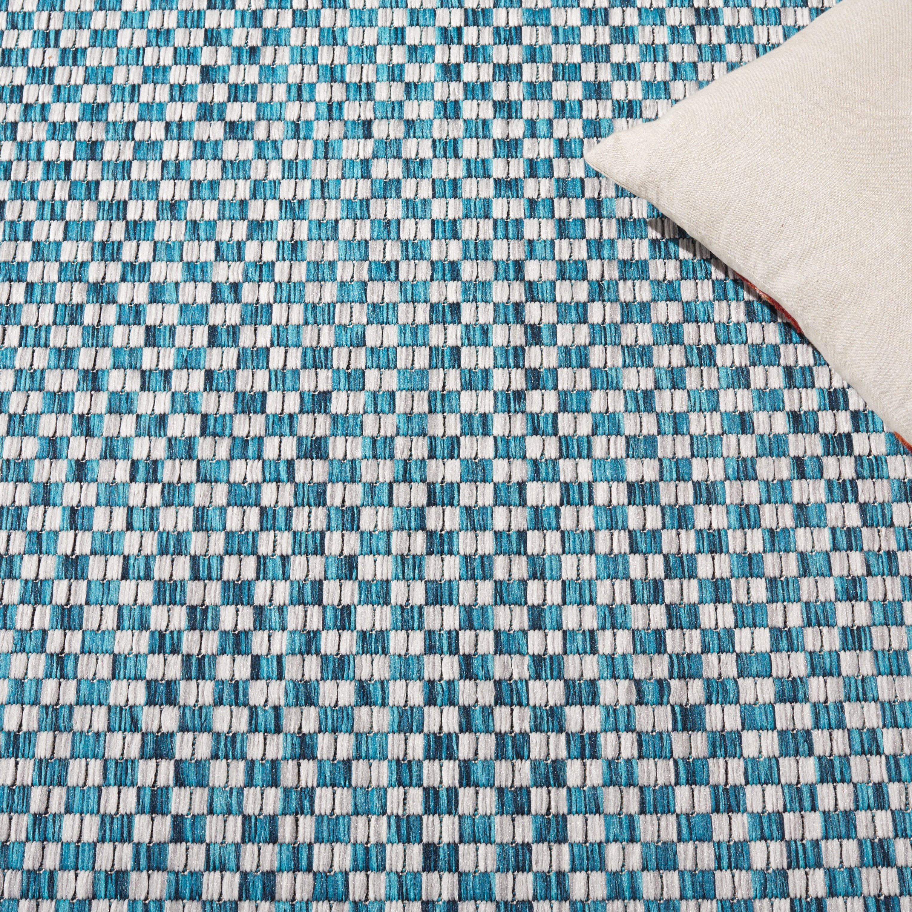 SAFAVIEH Courtyard Blair Checkered Indoor/Outdoor Runner Rug, Turquoise/Light Grey, 2'3" x 18'