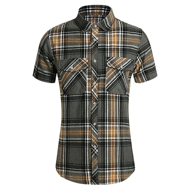 Mens Manga Corta Botón Abajo Camisas Cuadrado Gira Abajo Cuello Casual Camisa para Hombres, Blusa de Verano de Poliéster