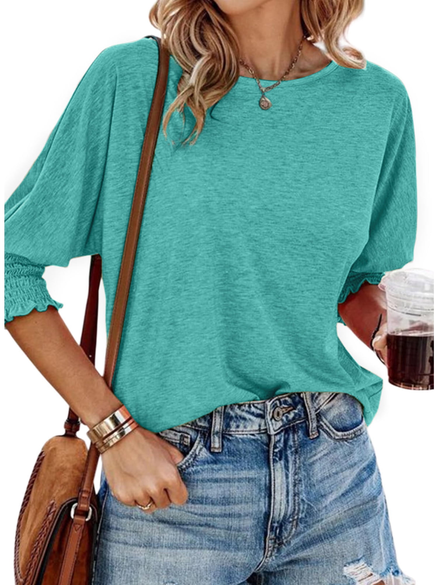 UVN Crewneck Blouse for Women Summer 3/4 Sleeve T-Shirts Casual Tees Ladies Loose Tops