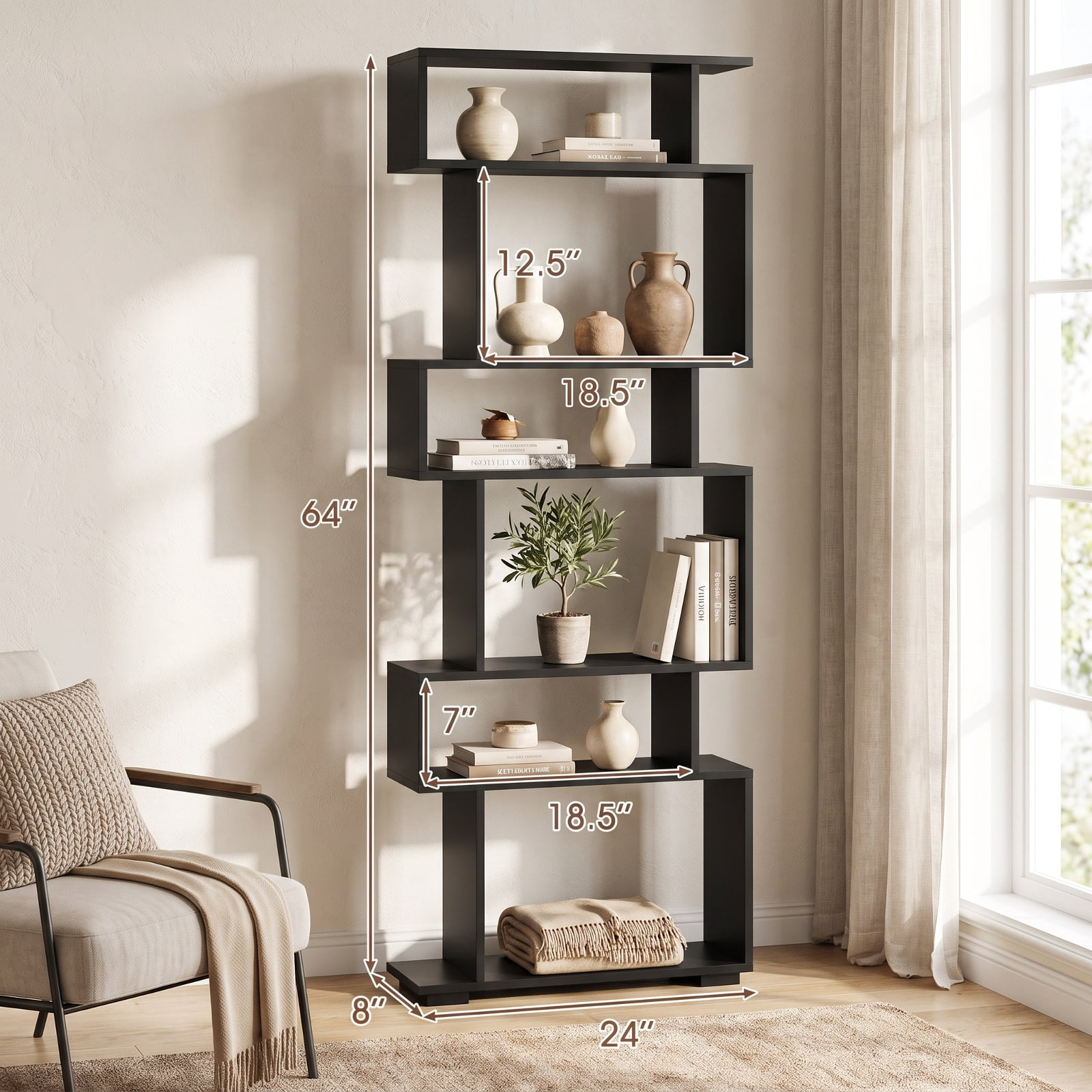 Furnibear 6-Tier Geometric Bookshelf with 2 Anti-Tipping Kits for Home Office for Living Room Home Office Bedroom Display Storage Shelf, Black