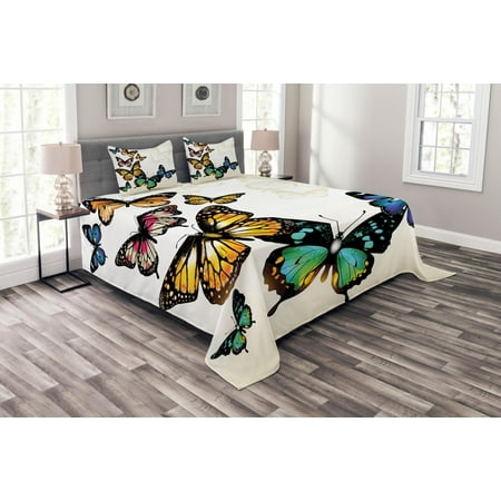 Butterfly Bedspread Set Vivid Monarch Butterflies Flying Shades