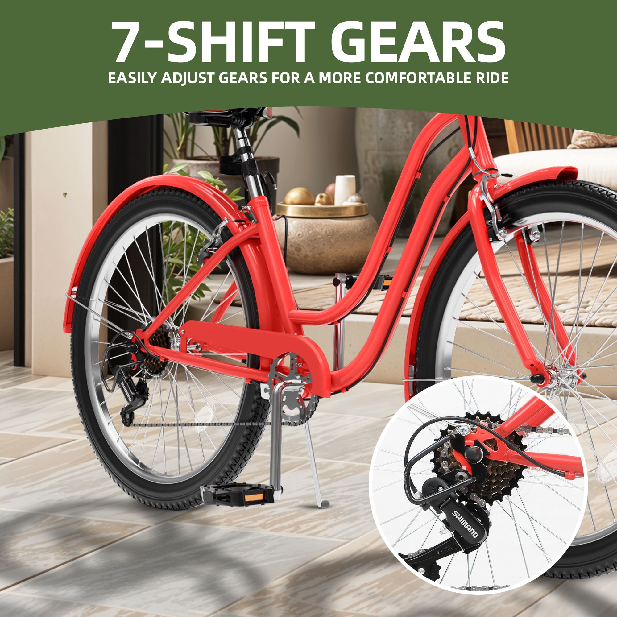 Uforic24'' Beach Cruiser Bike, 7-Speed, Step-Through Bicycle for Men & Women, Steel Frame, Orange