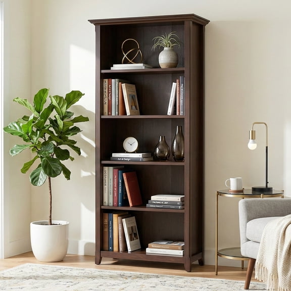 Miekor Furniture Amherst 30 inch Solid Wood 5 Shelf Bookcase in Russet Brown No4297