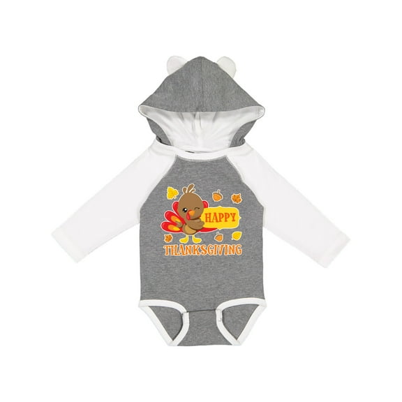 Inktastic Happy Thanksgiving with Cute Turkey and Leaves Boys or Girls Long Sleeve Baby Bodysuit