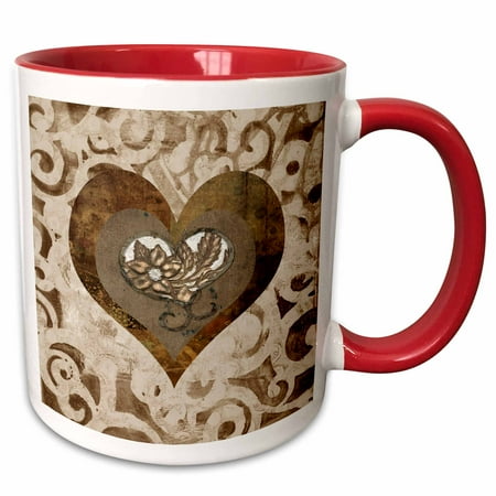

3dRose Beautiful Flower with Gem in a Heart Earth Tones and Metal Look - Two Tone Red Mug 11-ounce