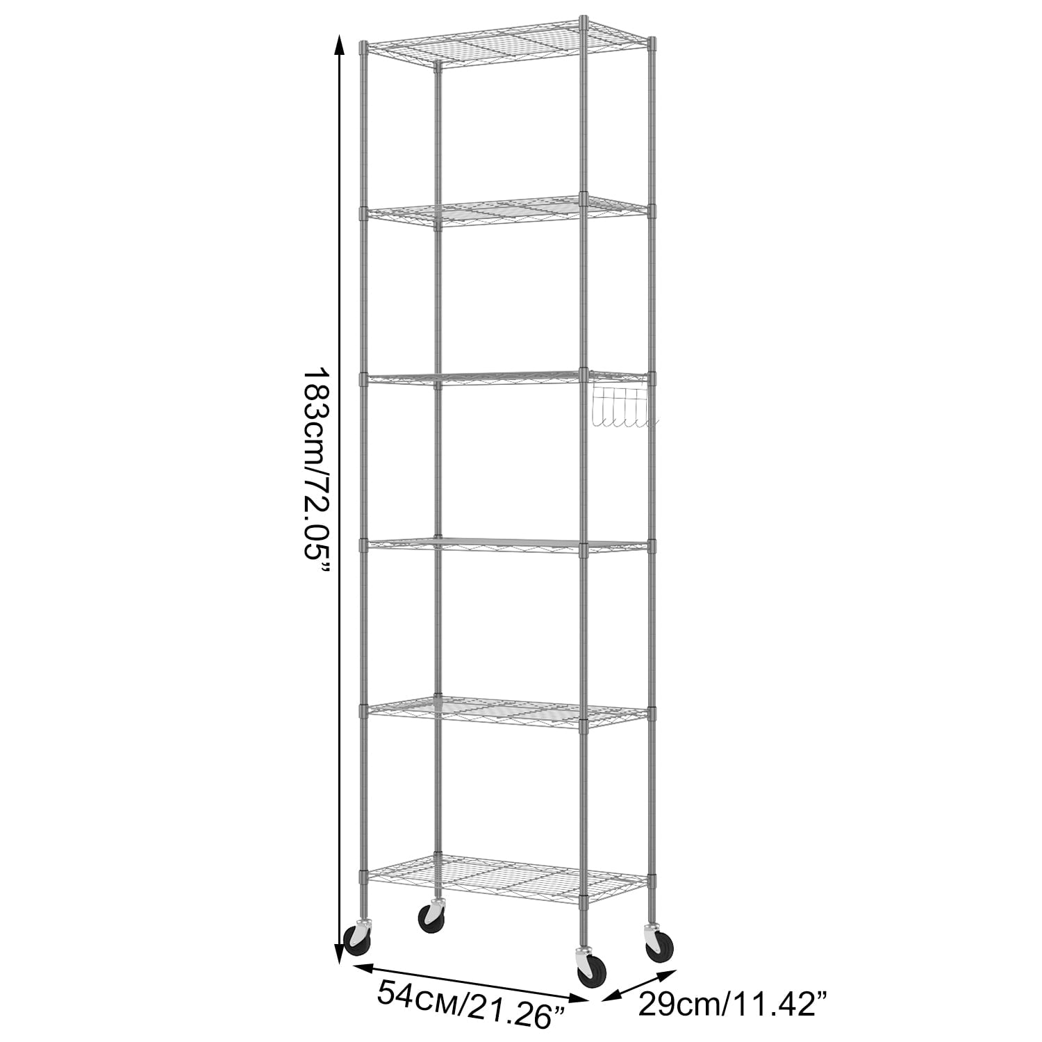 Sailvan 6-Tier 72"H Metal Storage Rack with Wheels, Slim Wire Shelving Unit for Pantry Kitchen Bathroom, Adjustable Shelves with Hooks, 530lbs Cap,Silver