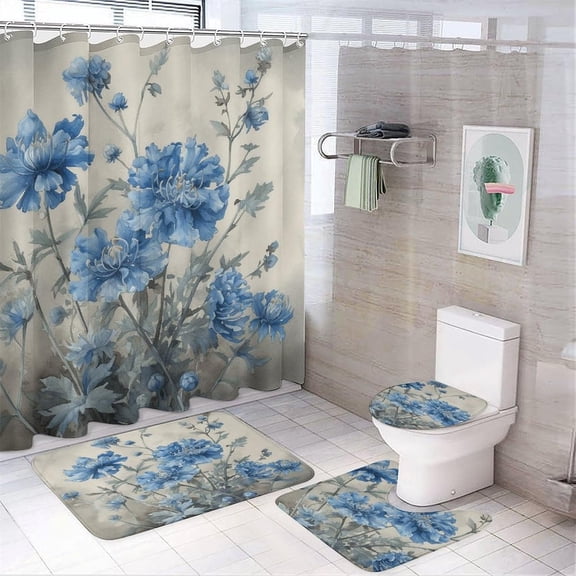 Elegant Blue Flowers 4Pcs Shower Curtain Set with Non-Slip Rugs, Toilet Lid Cover and Bath Mat,Bathroom Set Decor Accessories,Curtain Set with 12 Hooks, 72 X 72 Inch