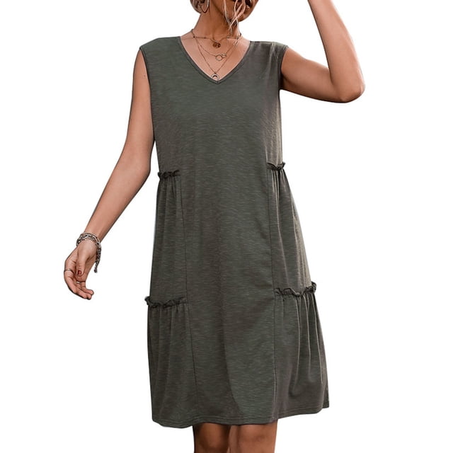 Vestido informal sin mangas, vestido sin mangas con cuello en V, vestido sin mangas con ribete de volantes, vestido corto sin mangas, máxima confiabilidad