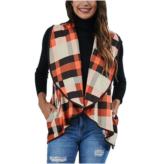 ICHUANYI Women's Vests Fall Winter Trendy Jacket Plaid Lightweight Coat Open Front Vest with Pockets