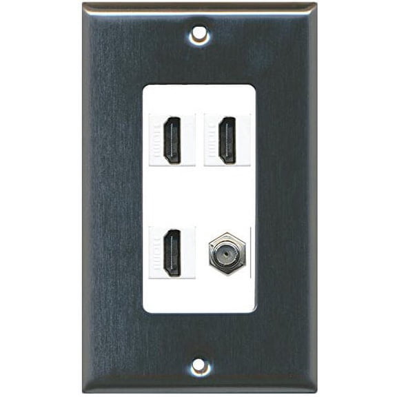 RiteAV 3 HDMI White Coax Wall Plate Stainless Steel/White