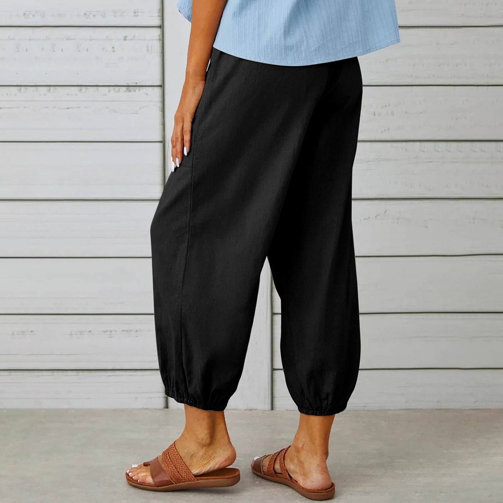 Womens Linen Capri Pants Drawstring Cinch Bottom with Button Wide Leg Ankle  Cropped Trousers Retro Print Pants : : Clothing, Shoes &  Accessories