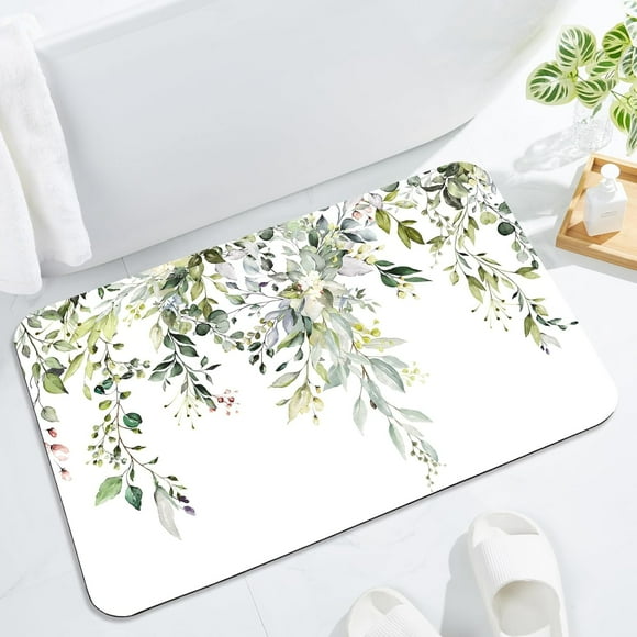 Eucalyptus Leaves Bath Mat Rug Set 2 Piece, Super Absorbent Quick Dry Bathroom Rug Set, Non Slip Rubber Backed Bathroom Floor Mat for Tub Shower Sink (17"x24"+17"x24", Sage Green)