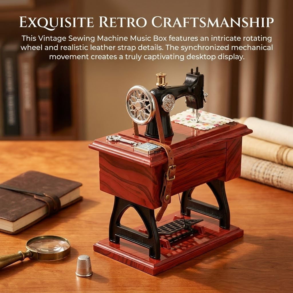 Vintage Mini Sewing Machine Music Box, Musical Sewing Machine, Table Desk Home Decoration, for Mom, Wife, Grandma, Friends, Quilters, Sewing Lovers Christmas Anniversary Birthday Gifts (Large)