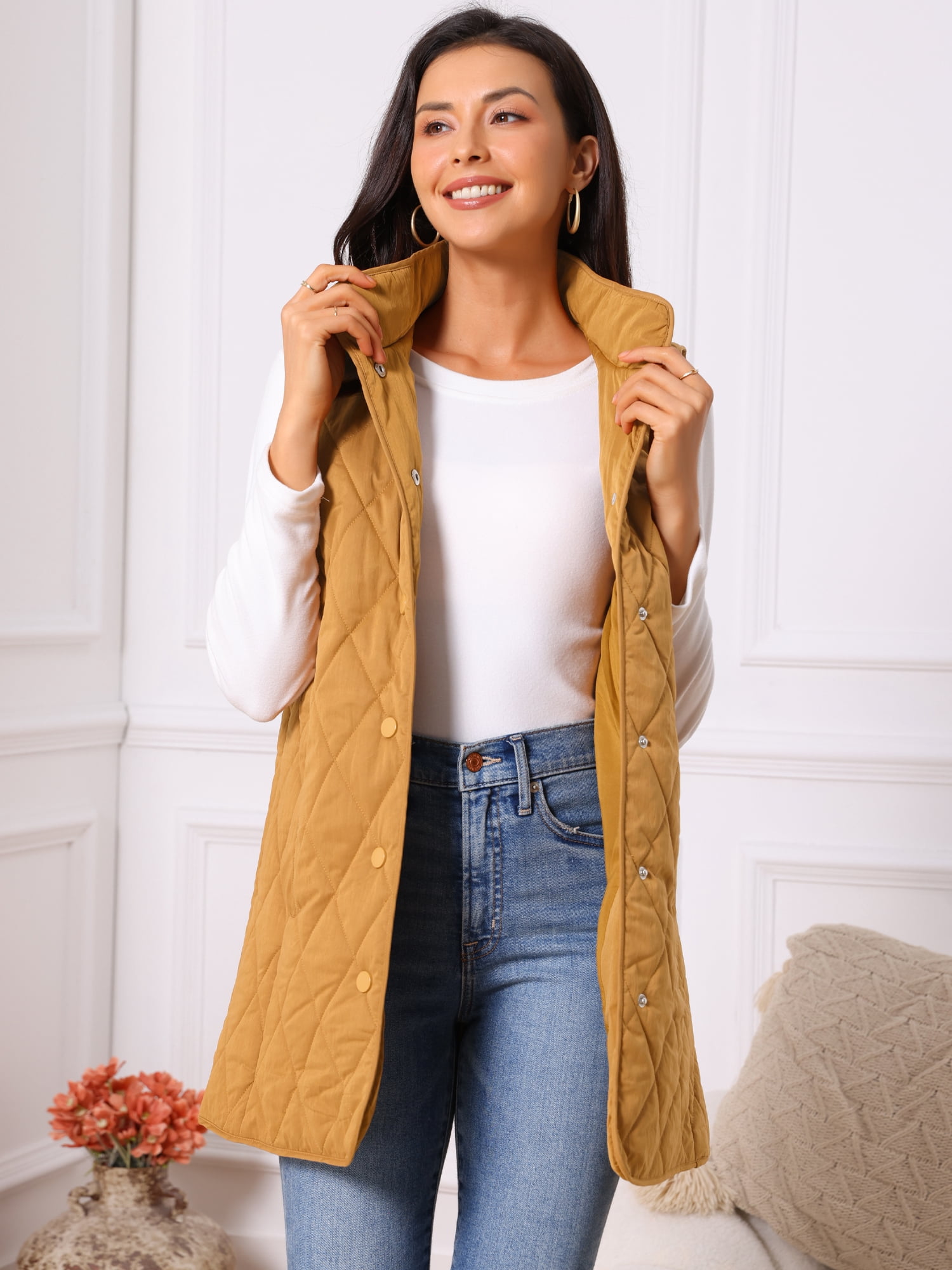DARING DIVA Women's Stand Collar Sleeveless Puffy Jacket Lightweight Gilet L Brown