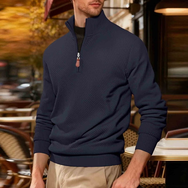 pstuiky camisas de hombre de manga larga, Sudadera informal de sarga holgada de color liso con media cremallera y manga larga con cuello alto para hombre camisetas de hombre l