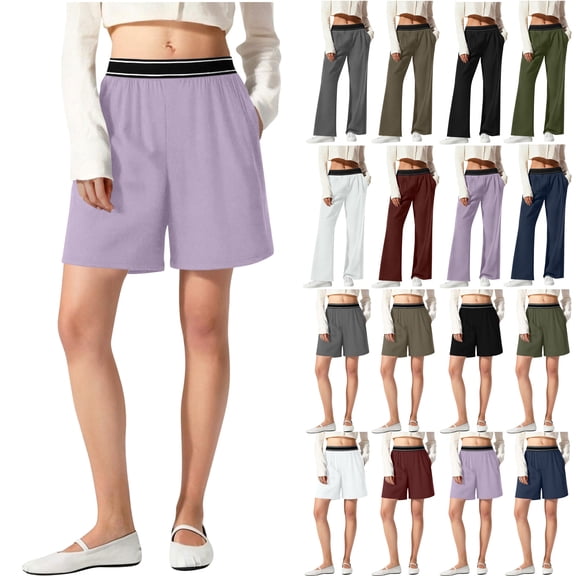 Women's Yoga Suit Shorts, Casual Solid-Color Trousers with Elastic Waistband, Pockets, High Stretch, UPF 50 Sun Protection, Quick-Dry Pants for Summer