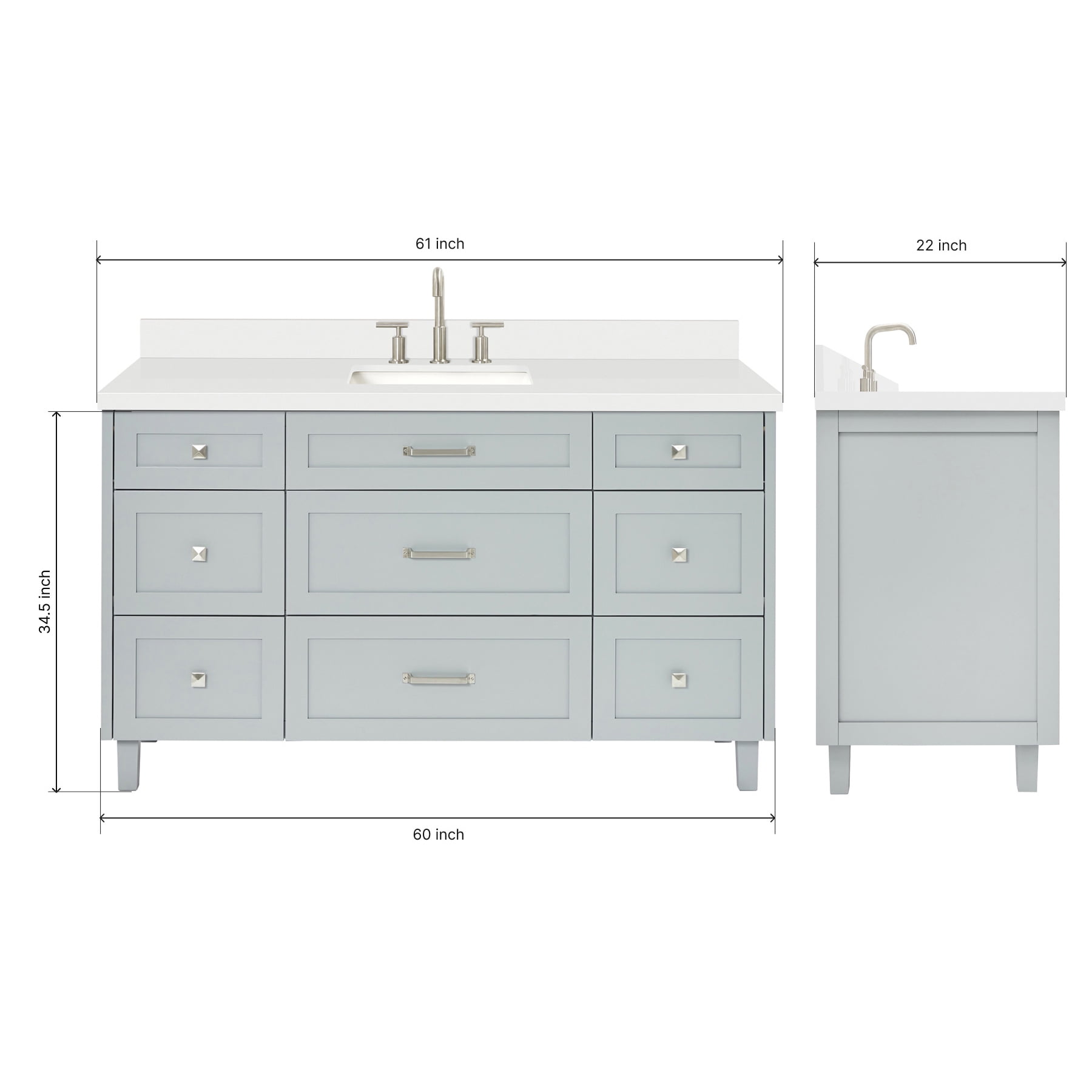 ARIEL Monroe 61 Inch Single Rectangle Sink Bathroom Vanity With Pure White Quartz Countertop 1.5 Inch Edge In Grey