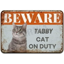 Beware Tabby Cat On Duty Iron Poster Painting Tin Sign Vintage Wall Decor for Cafe Bar Pub Home Beer Decoration Crafts