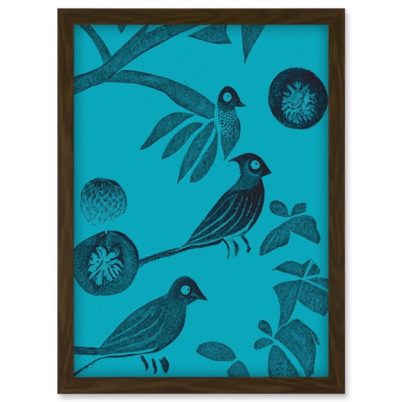 Linocut Vintage Blue Birds Jungle Pattern Illustration Teal Artwork Framed Wall Art Print A4
