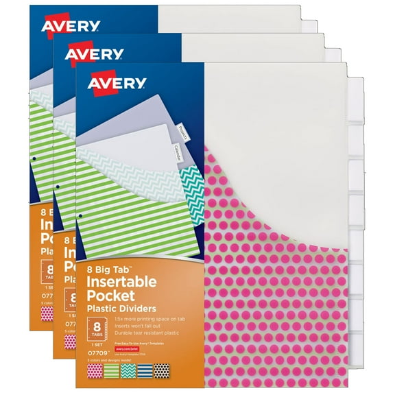 Avery Big Tab Pocket Insertable Plastic Dividers, 8-Tab Set, 3 Sets