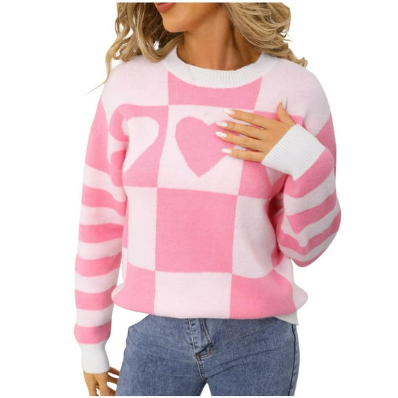 Tnhcen Women's Checkered Heart Print Sweater Loose Fit Acrylic Knit Top Soft Crewneck Pullover Casual Long Sleeve Comfort Wear Romantic Winter Style S-XL