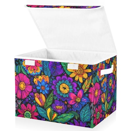Foldable Fabric Storage Bin With Handle Collapsible Basket Box Storage With Lid Organizer Brightly Colored Wildflowers