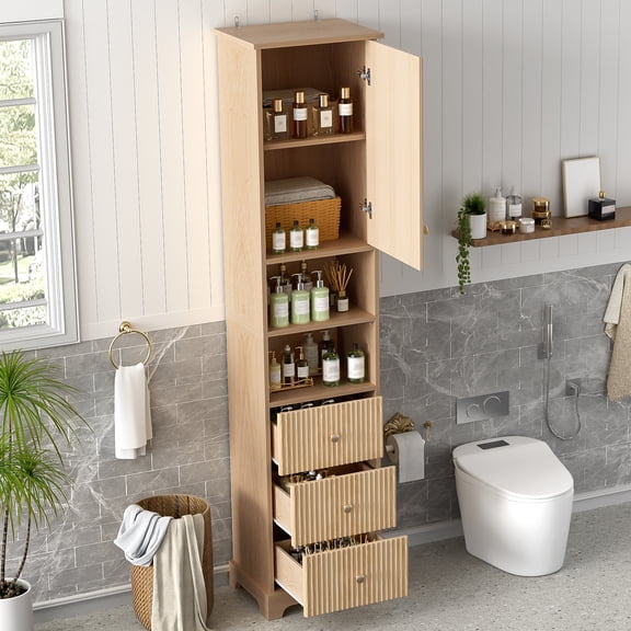 ICYBER BOOM 67.7 Inch Bathroom Storage Cabinet, Freestanding Tall Linen Cabinet with Adjustable Shelf and 3 Drawers, Natural Wood Finish, Modern Bathroom Organizer for Small Spaces