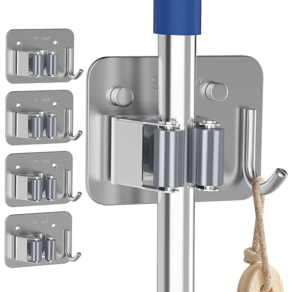 Stainless Steel Mop and Broom Holder Wall Mount – Heavy Duty Organizer Rack with Adhesive or Screw Installation, Utility Hook for Garage, Laundry, Closet, Garden (Multi-Pack)