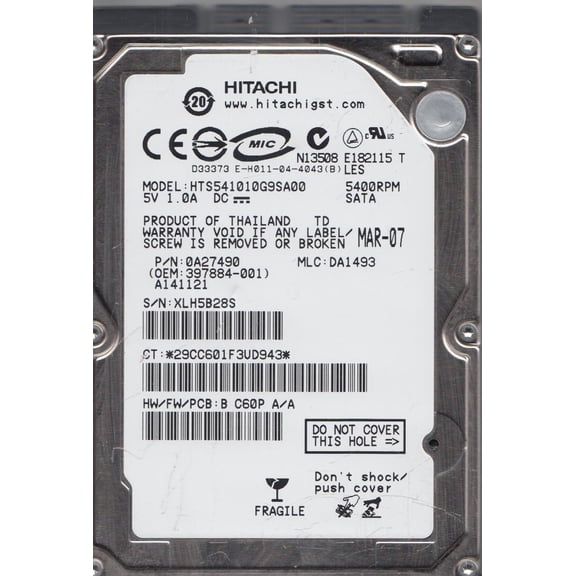 HTS541010G9SA00, PN 0A27490, MLC DA1493, Hitachi 100GB SATA 2.5 Hard Drive