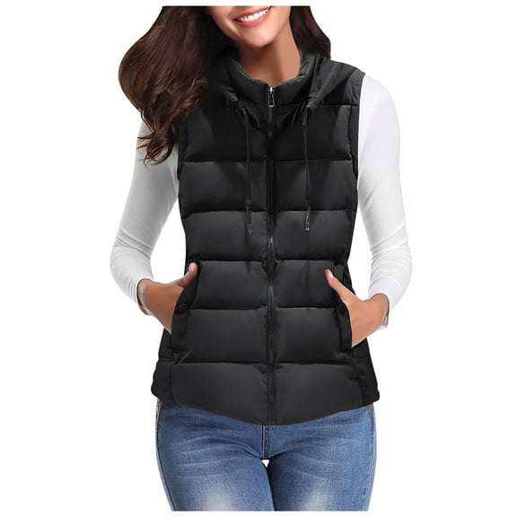 Baberdicy Puffer Vest Women's Warm Vest Outerwear Thick Padded Sleeveless Casual Vest with Detachable Hood Vest for Women ( Black 4Xl )