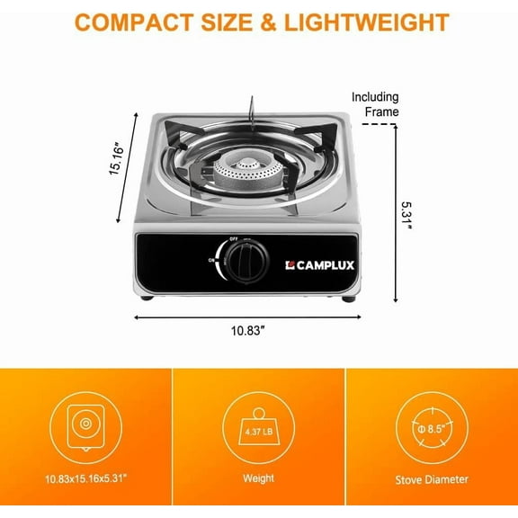 Camplux Single Burner Propane Stove 9,800 BTU, Stainless Steel Portable Gas Stoves