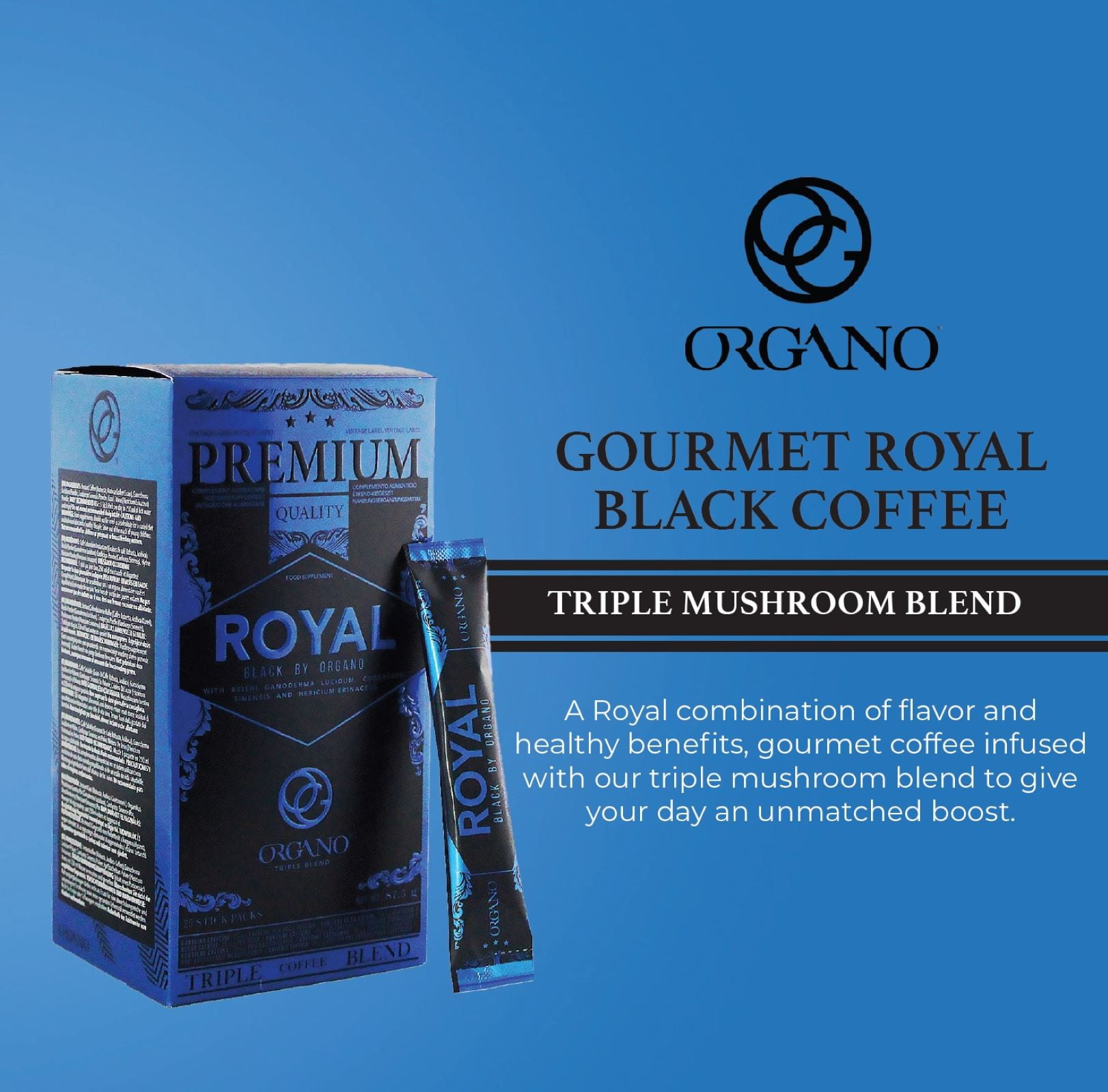 ORGANO Royal Black Medium Dark Roast Instant coffee. Infused with Triple Mushroom Blend, Ganoderma, Cordyceps and Lion's Mane. Aromatic and flavorful Ground Coffee Beans (25 Sachets) - 3 Pack